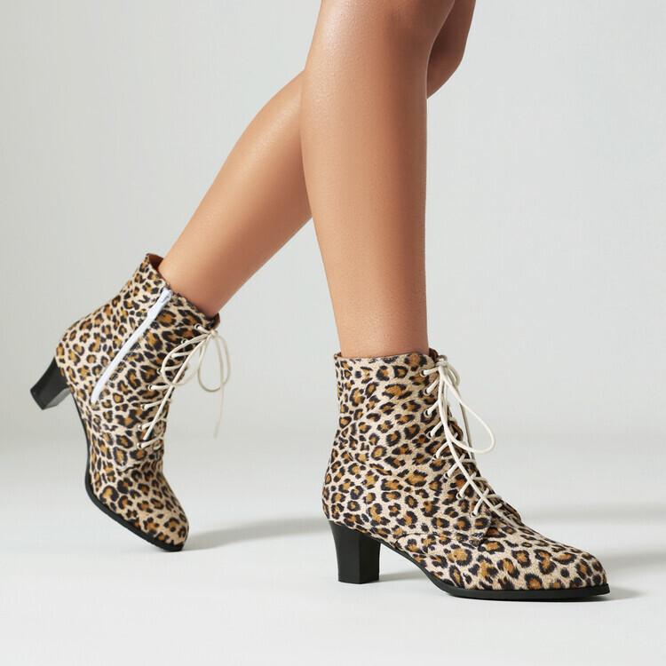 Coarse Heel Short Boots Women's Autumn and Winter New Cow Pattern Retro Front Lace-up High Heel Short Boots Martin Boots and Ankle Boots Large Size