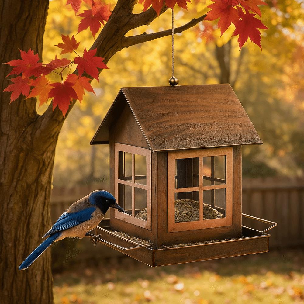 Country Style Hanging Bird Feeder House Shape Windproof Bird Food Bowl Large Capacity Metal Bird Feeding Equipment Lawn