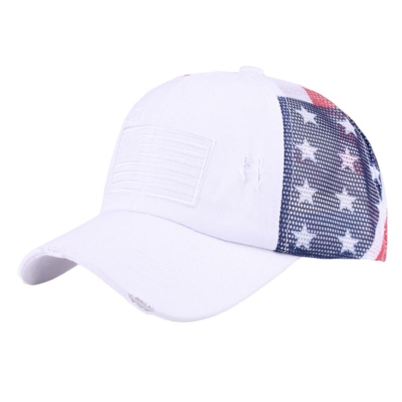 Distressed Wash Cotton Baseball Hat with Star Print Curved Brims Mesh Ponytail Sun Hat for Patriotic Women Teens Girl