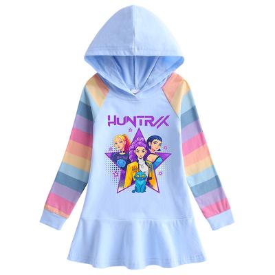 Frühling Herbst Kpop Hexenjagd Team Lotusblatt Rand Cartoon Regenbogen Mädchenkleid Baumwolle Langarm Hoodie Hundert Falten Prinzessinnenkleid