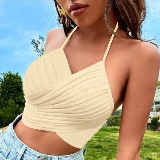 Hot Girl Cross Tie Halter Knitted Camisole Vest For Women Summer Sexy Short Bandeau Sleeveless Top