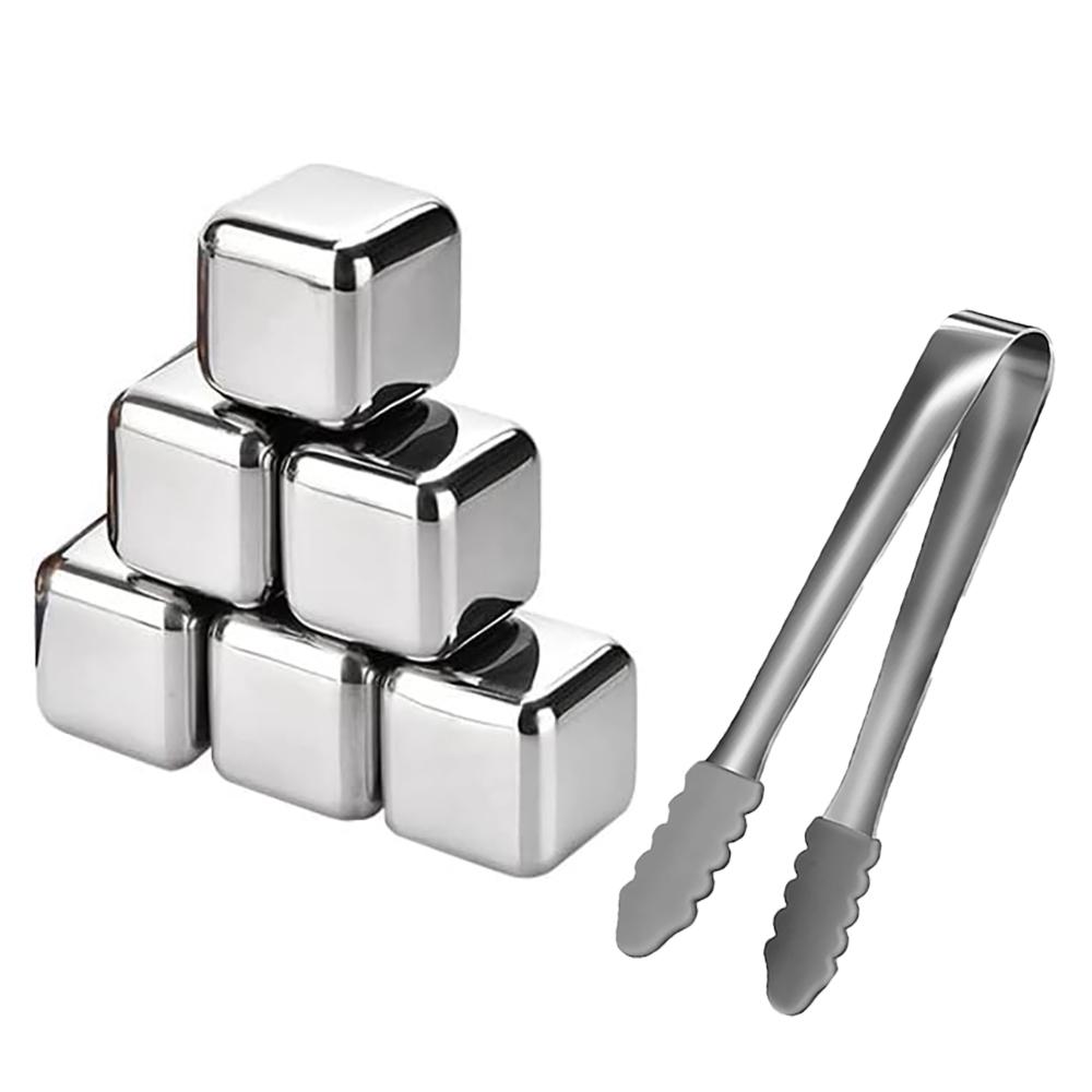 Многоразовые кубики льда из нержавеющей стали для виски, охлаждающие металлические камни для виски 6 cubes+ 1 tongs серебряный