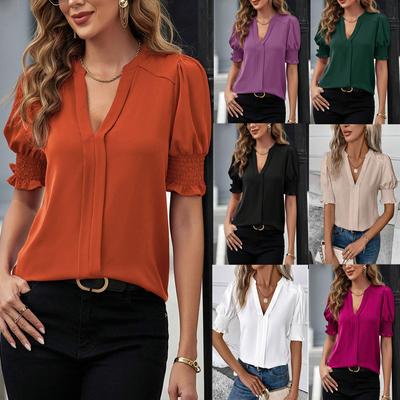 Elegante Dames Tops Mode Witte Blouses Shirts Dames Casual Korte Pofmouw V-Hals Effen Blouse Tops