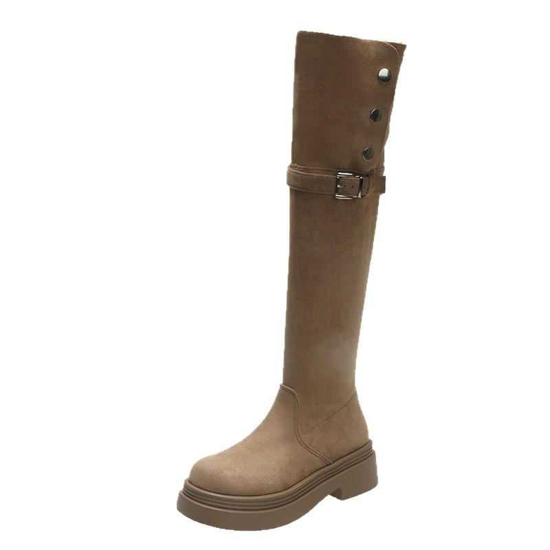 Over-the-knee Long Boots, Long Boots Plus Large Tube Circumference Retro Western Boots, Women's Autumn and Winter Velvet High Boots, Snow Boots, Knig