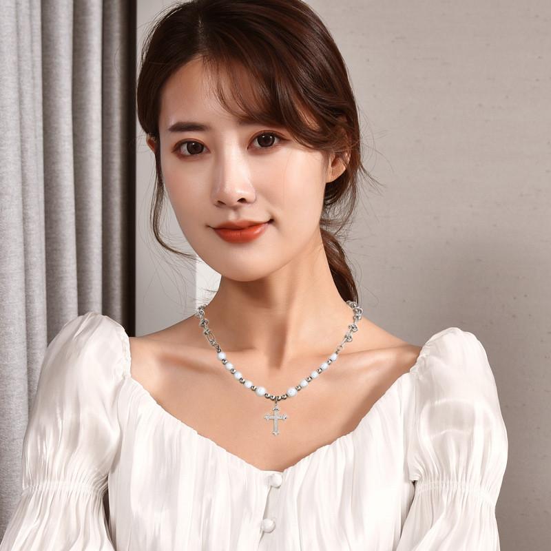 Luxurious Titanium Steel Cross Necklace For Men And Women With Handmade Design And Elegant Pearl Accents