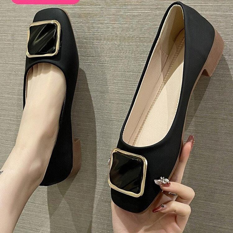 Gentle single shoes women's low heels spring and summer new shallow mouth square head soft sole non-slip medium heel Doudou shoes