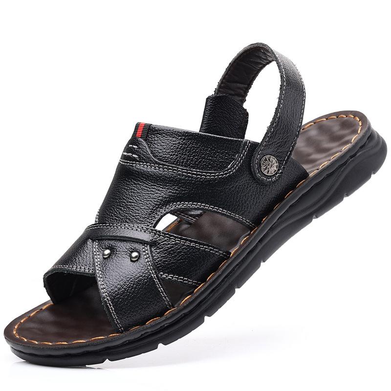 

Men s Sandals Real Leather Thick Sole Large Size Beach Shoes Summer Outer Wear Father Anti-Slip Wear-Resistant Two-Use Sandas 37 чёрный