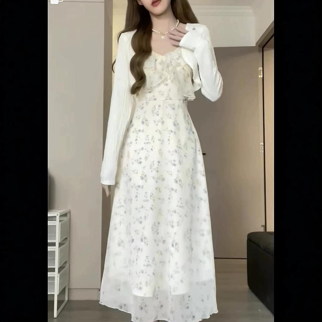 Gentle Floral Suspender Skirt French Retro Waist Slim New V-neck Dress Is Popular This Year, Sweet Women's Clothing