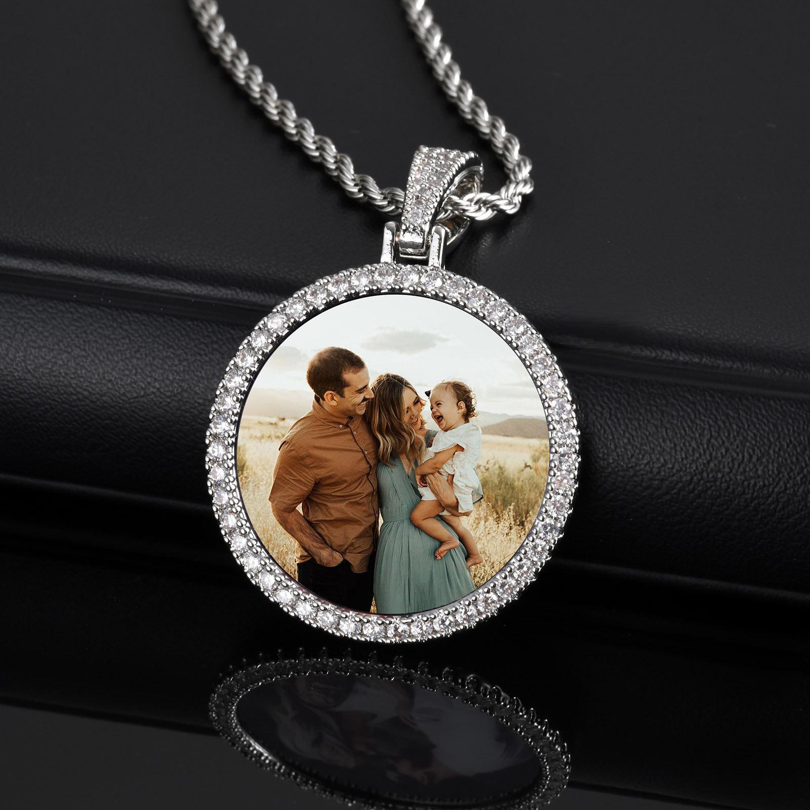 

Vnox Free Custom Round Photo Frame Necklaces Gift for Women Men,Big Coin Pendant Zircon Stone Circle,Family Picture Gift to Dad