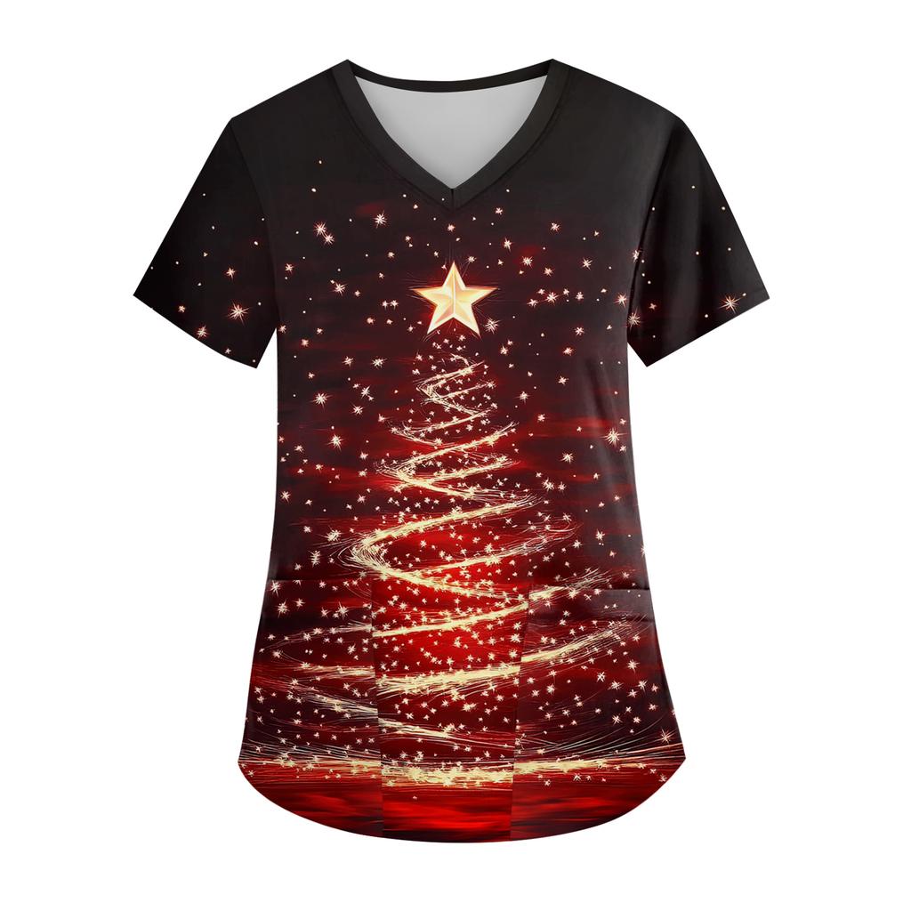 Dámský top s výstřihem do V, vánočním potiskem, krátkým rukávem, kapsou a bočním rozparkem