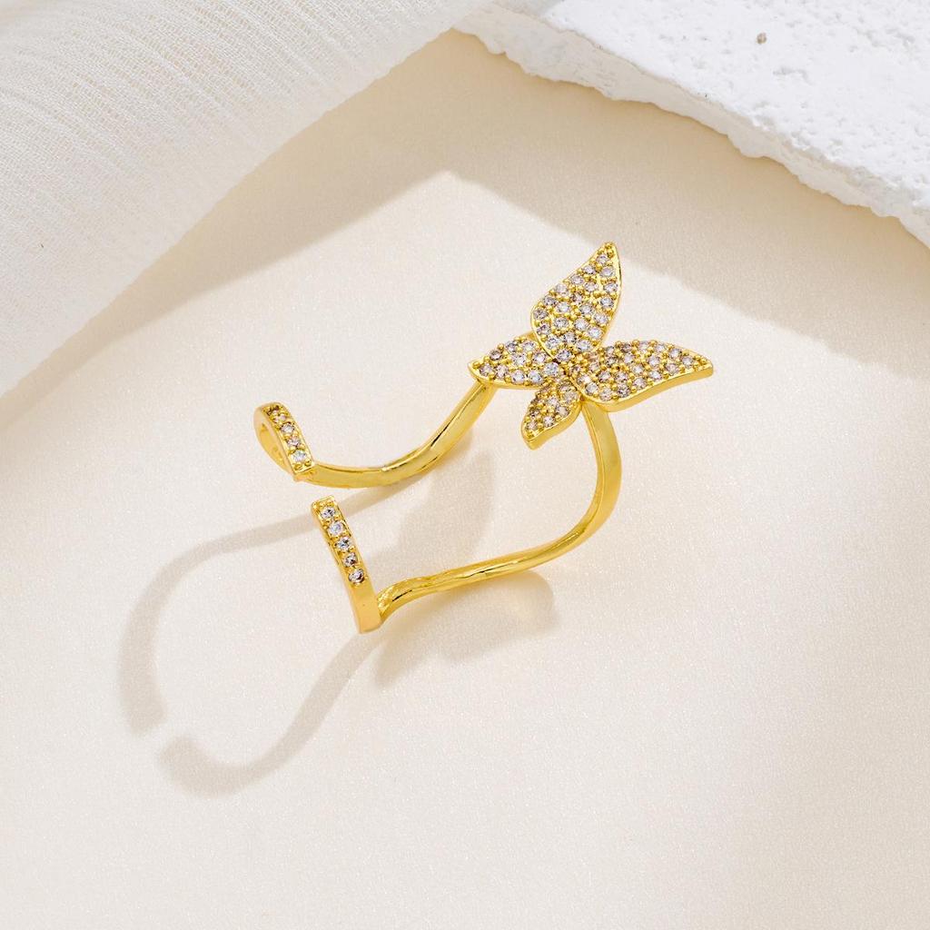 Long Butterfly Rhinestone Open Ring: New European American Fashion Statement Ring