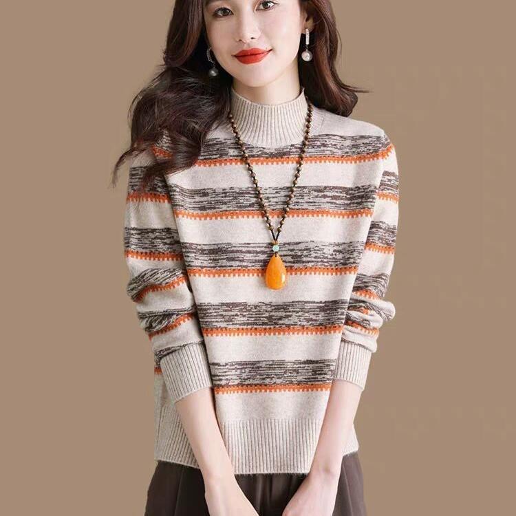 Fashionable Knitted Sweater for Women Half Turtleneck Striped Base Shirt New Style Autumn and Winter Sweater