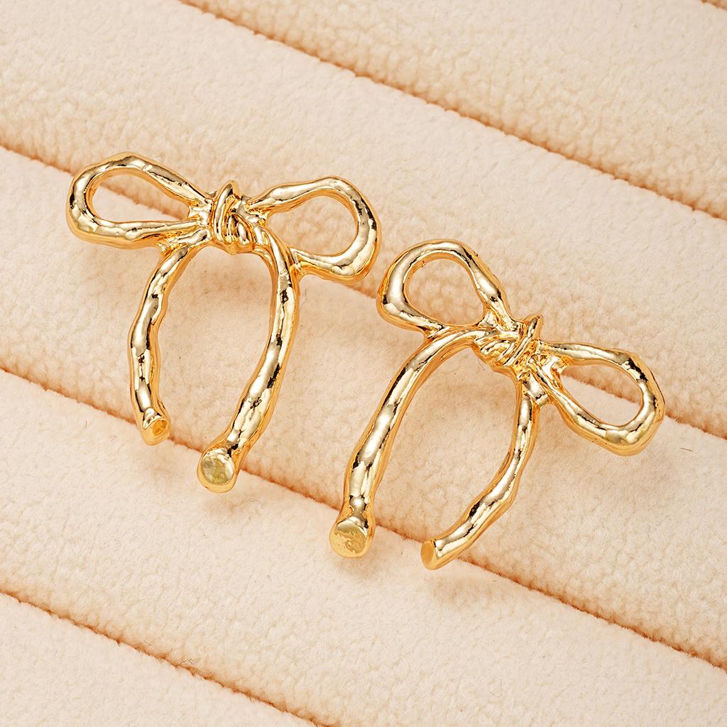 Simple Gold Color Sweet Bow Knot Earrings for Women Vintage Elegant Piercing Ear Accessories Fashion Female Party Jewelry Gifts