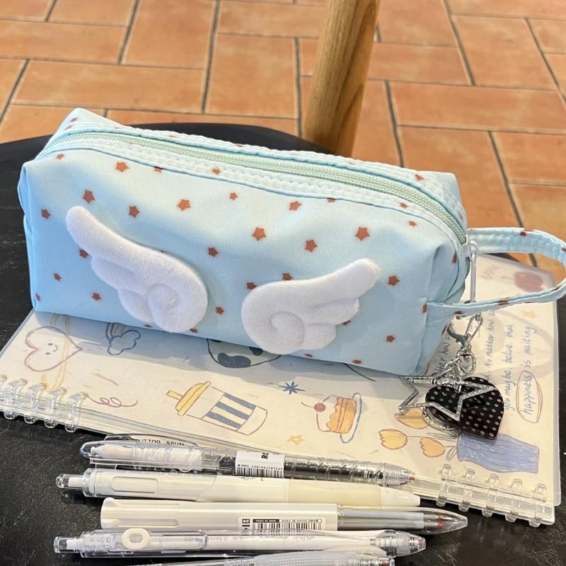 New Pink Cute Wings Design Pencil Case Large Capacity Strawberry Chocolate Star Pattern School Supply Organizer for Students