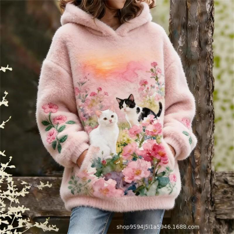 Womens Fleece Hoodie With 3D Cat Print Long Sleeve Thick Warm Sweatshirt Street Style Winter 2025