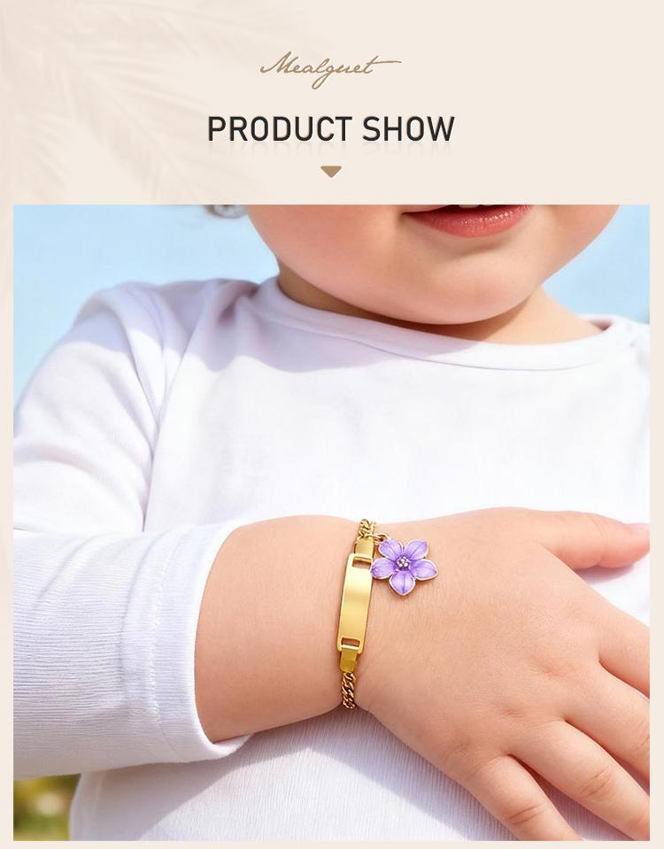Stainless Steel Engravable Bar ID Namedate Bracelet, Cherry Blossom Charms Kids Bracelet, Personalized Newborn Birthday Gift
