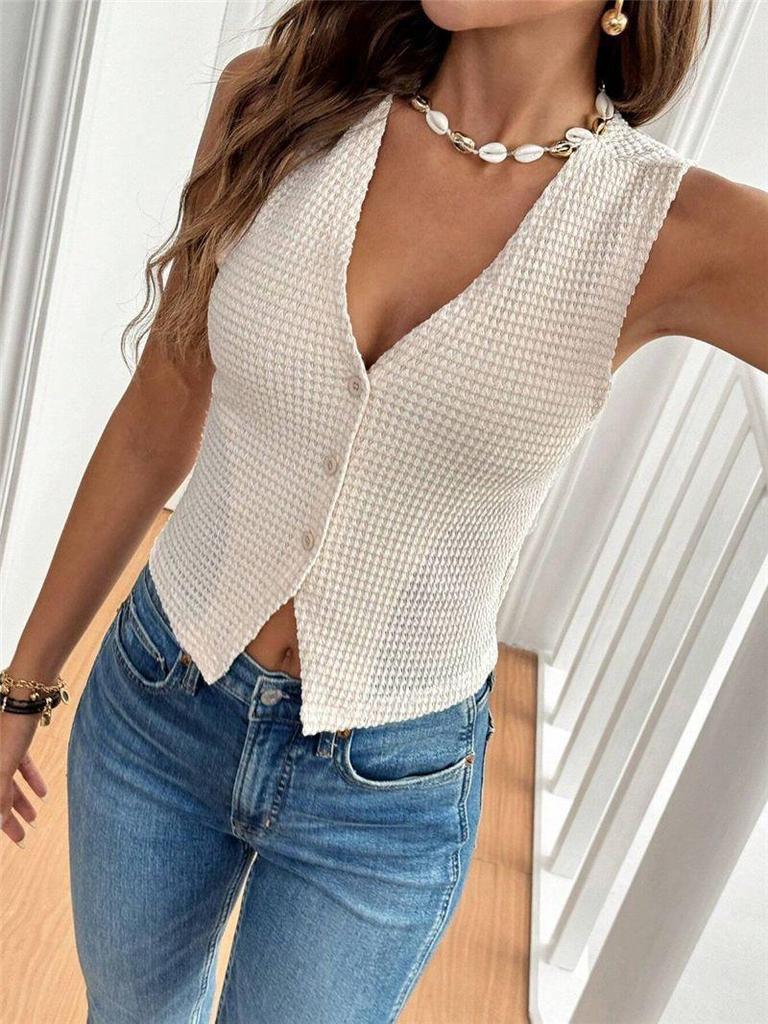 2025 Casual Versatile V-Neck Three-Button Women's Vest T-Shirt