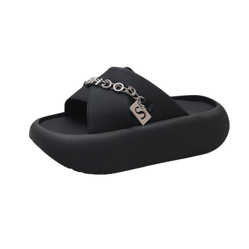 Popular New Summer Fashion Metal Outer Slippers Women's Muffin Thick-soled Round Head Sandals Vacation Beach Shoes Women's Tide