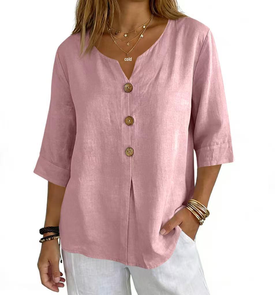 2026 Cotton Linen Three-Quarter Sleeve Button-Down Casual Loose Top Solid Color Shirt