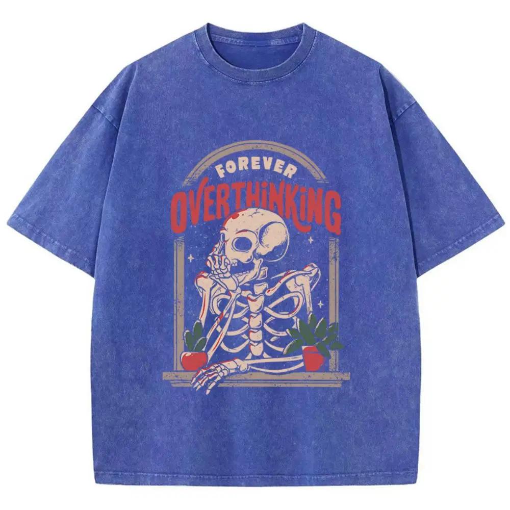 Casual Cotton Washed T-Shirts Skeleton Man On The Balcony Printing Tops Oversize O-Neck Soft Short Sleeve Mans Clothes