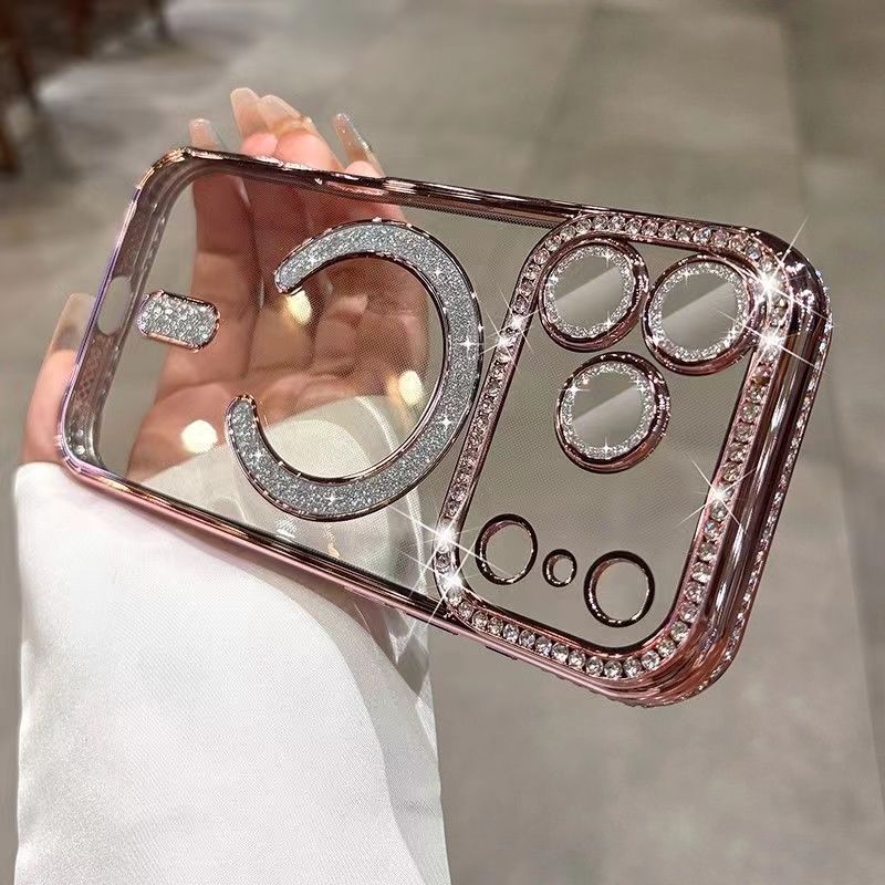 Flash drill magnetic attraction is suitable for iPhone17PROMAX mobile phone case, transparent electroplating with lens film, Apple 16 protective case.