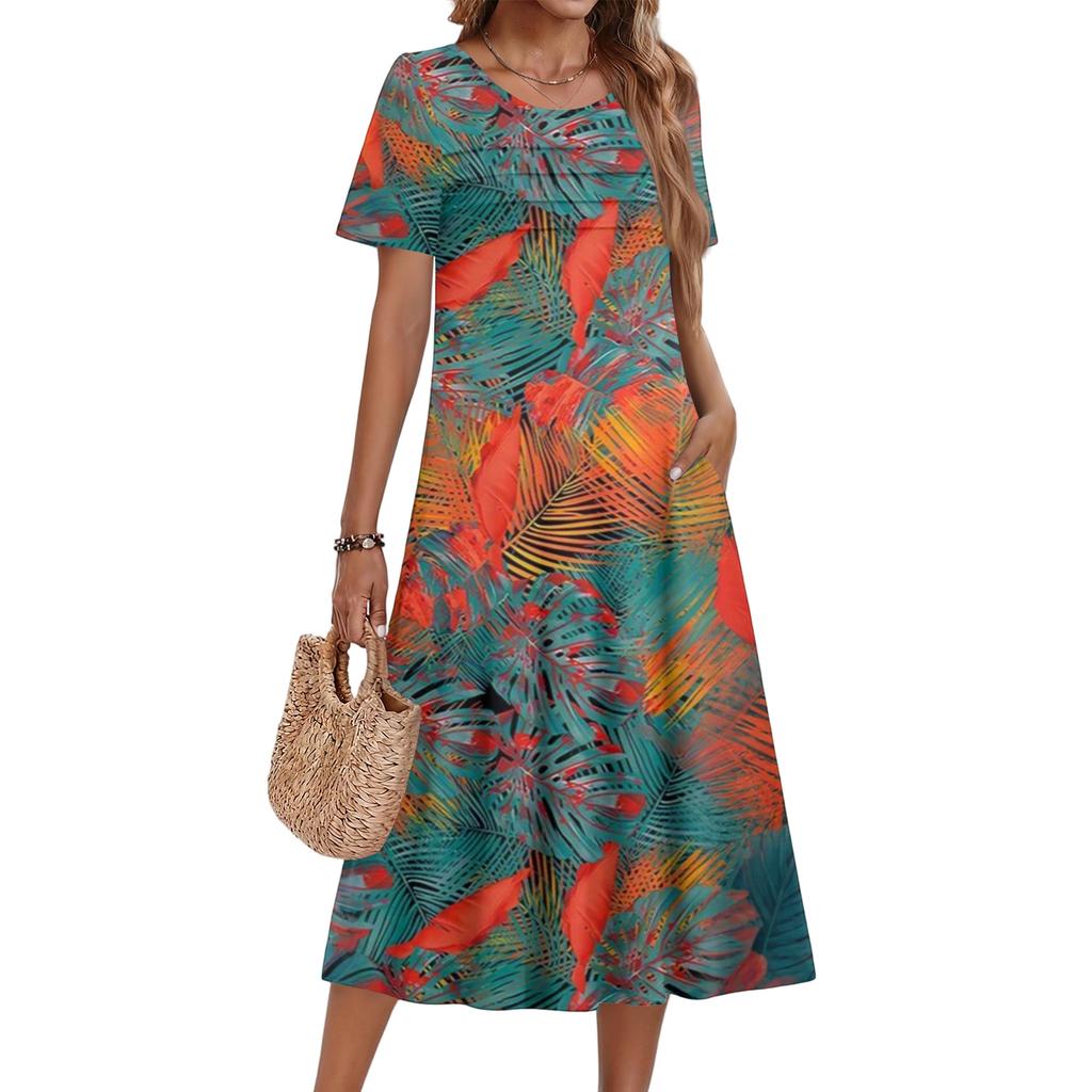 Ladies' Floral Printed Casual And Fashionable Short Sleeved Round Neck Dress