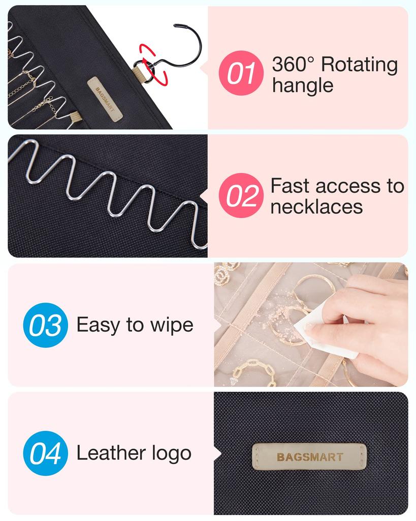 BAGSMART Hanging Jewelry Storage Roll with Metal Jewelry Holder for Medium Black Organizer, Hanger, Hook, Double-Sided Earrings, Necklaces, Rings,