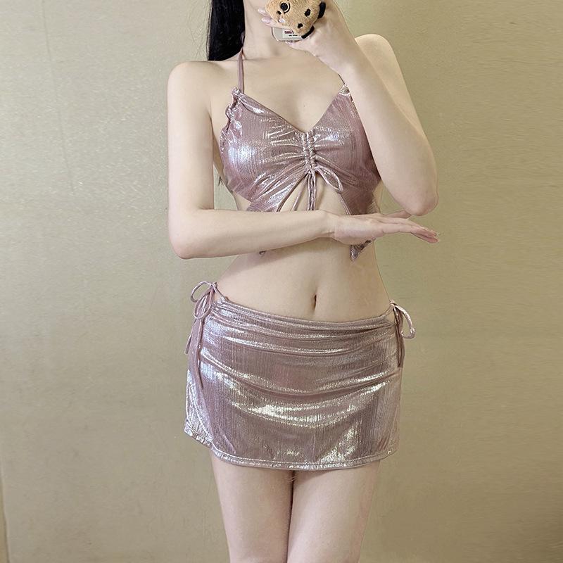 2024 Iridescent Pink Mermaid Bikini Skirt - Sexy Y2K Swimsuit for Women, Perfect for Hot Spring Vacations