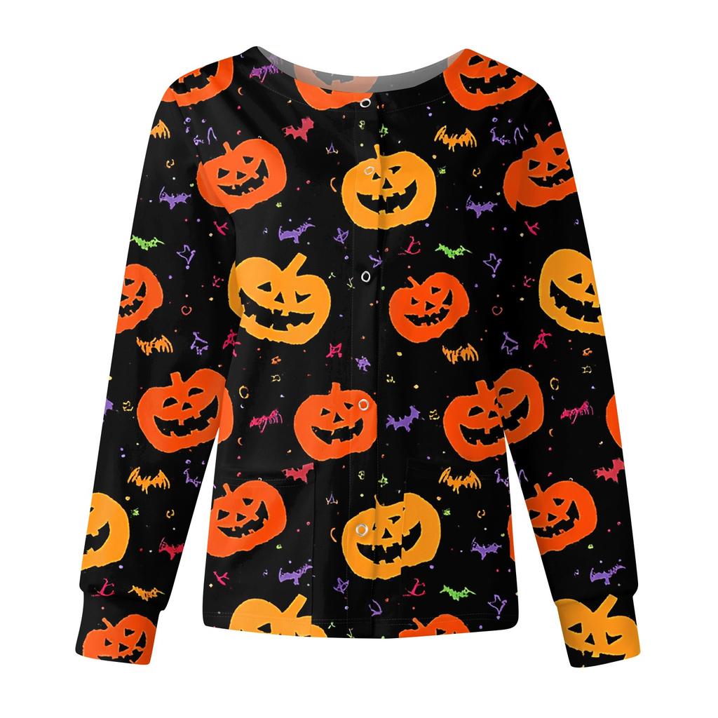 Women's Casual Fashion Long Sleeve Standing Collar Single Breasted Halloween Printed Workwear Jacket Tops