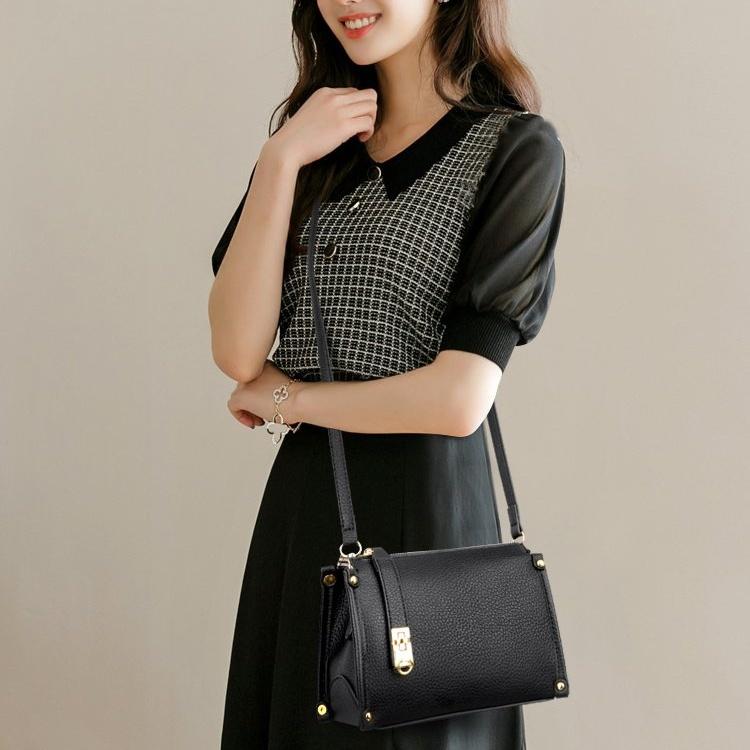 Lychee pattern metal lock small square bag crossbody shoulder bag