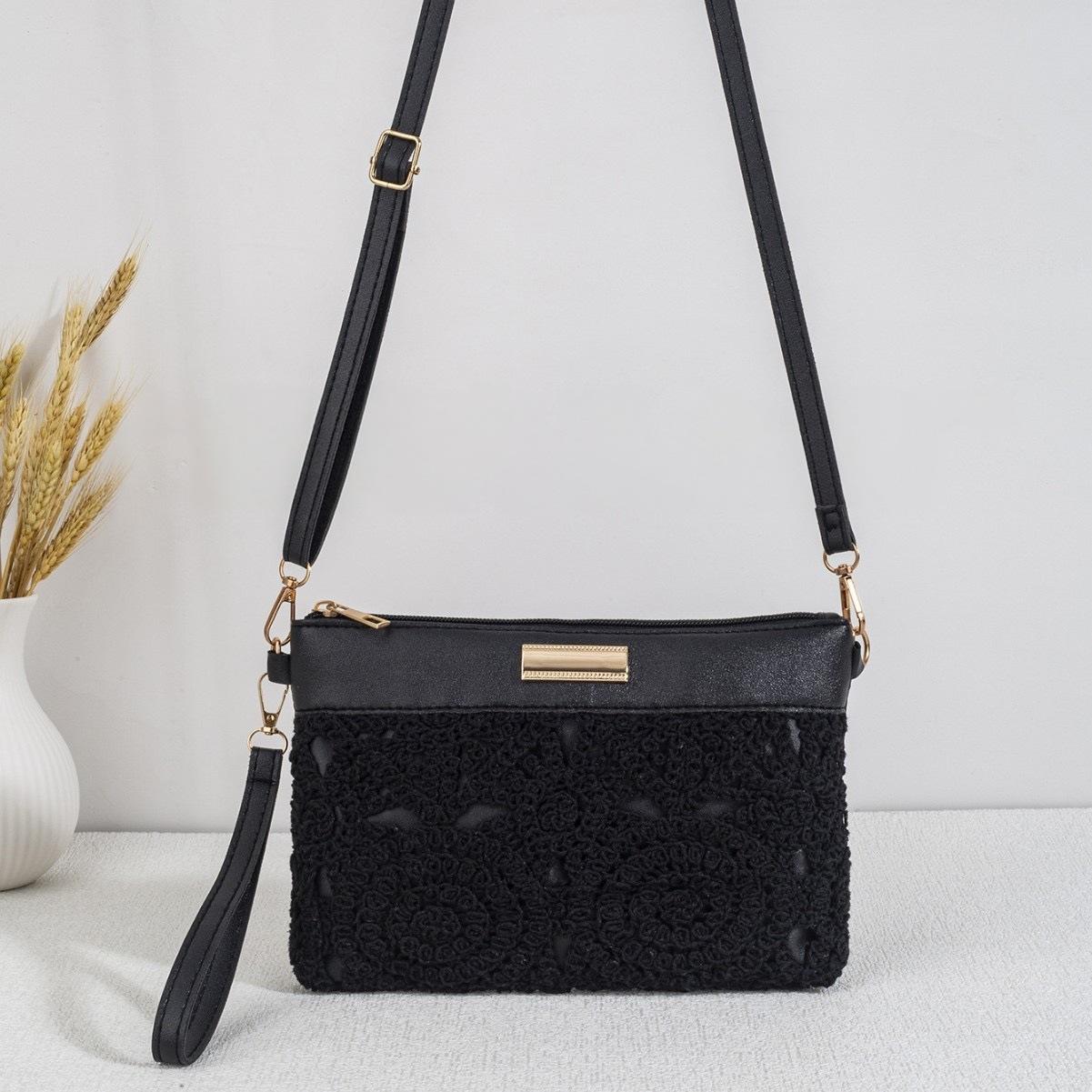 Fashion Accessories Crystal Jewelry Kant Geweven Dames Messenger Bag Mode Hol Katoenen Garen Schoudertas Onderarmtas Handtas Vakantietas zwart