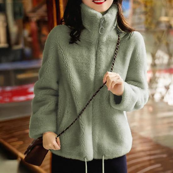 Women's Fuzzy Fleece Jacket Long Sleeve Stand Collar Full Zip Up Sherpa Coat Fall Winter Warm Jacket with Pockets