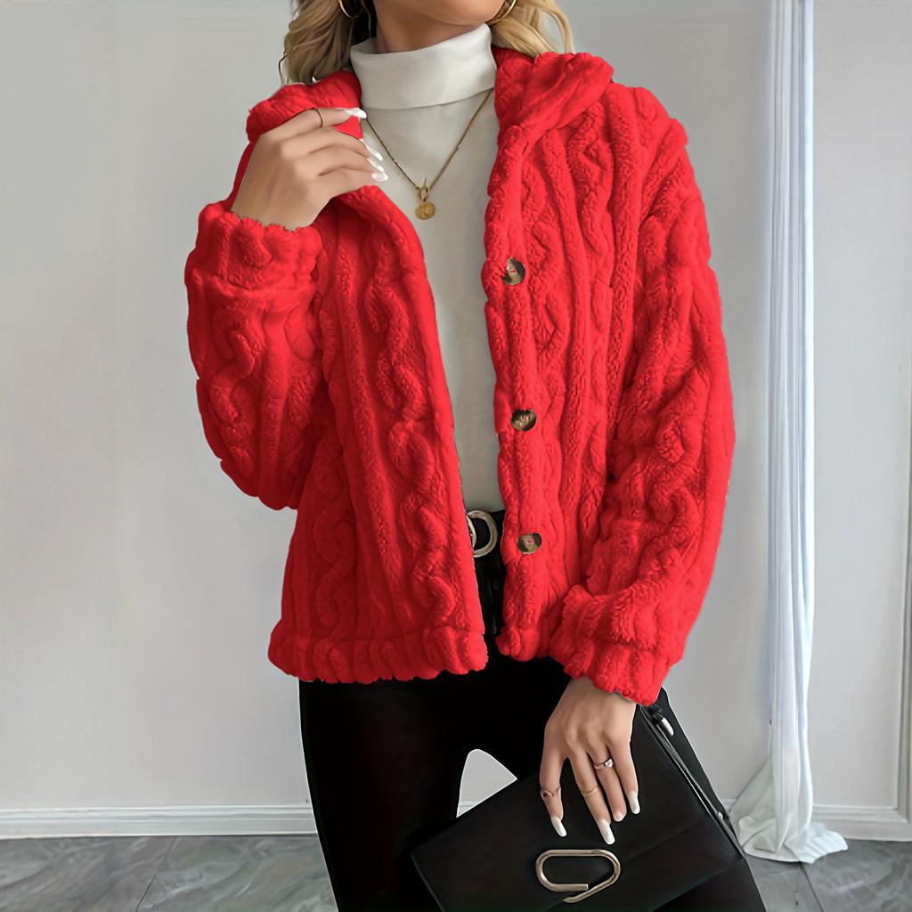 Women's Fashion Solid Color Collar Button Long Sleeve Plush Warm Women's Jacket Coat