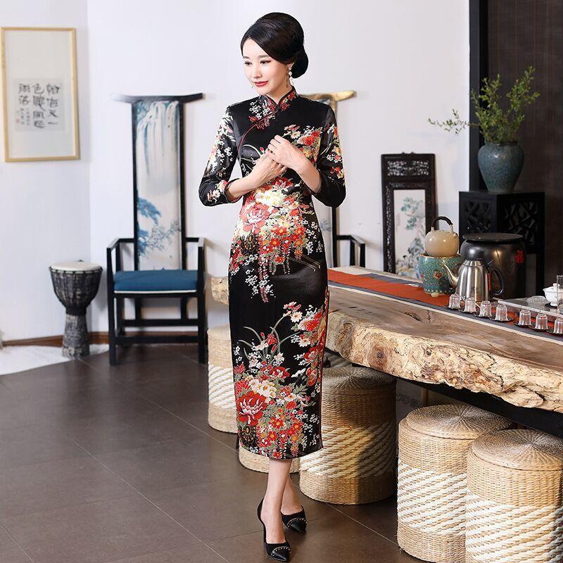 Stil chinezesc cu mâneci trei sferturi Qipao satin cheongsam broderie florală rochie clasică de petrecere de seară de nuntă rochie de damă cu plante mătăsoase