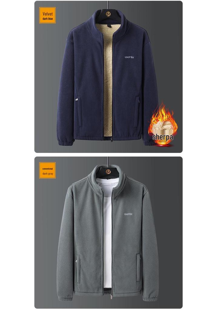 Men's Autumn Korean Style Stand Collar Velvet Jacket with Lambswool and Zipper Welt Pockets