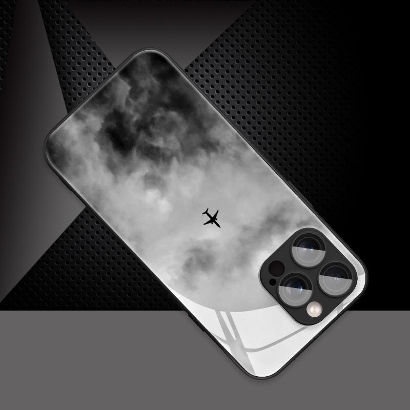 Minimalist Dark Cloud Airplane Print Tempered Glass Phone Case For Samsung Galaxy S25 S24 S23 Ultra Plus FE Shockproof Cover