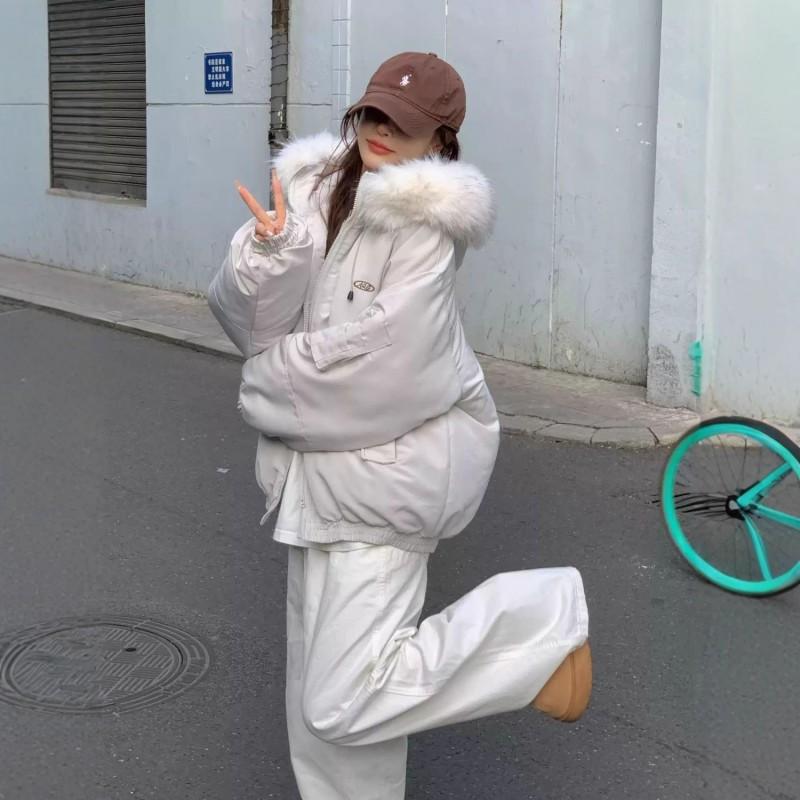 Womens Oversized Hooded Puffer Coat With Faux Fur Collar Winter Warm Thick Cotton Jacket Loose Fit Casual Outdoor
