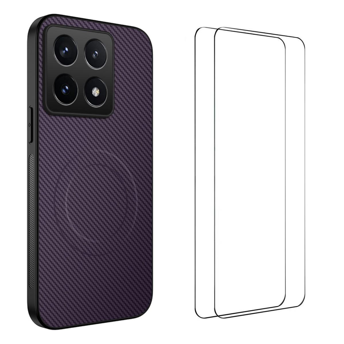 

Магнитный чехол для Xiaomi 14T WANLONFENG серии TQ1 с текстурой углеродного волокна, ПК ТПУ чехол для телефона с 2 шт. защитных пленок Purple