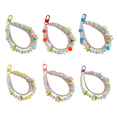 Double Layer Flower Beaded Pendant Phone Charm Hanging Rope Cute Phone Chain Strap Bag Decoration Keychain Accessories