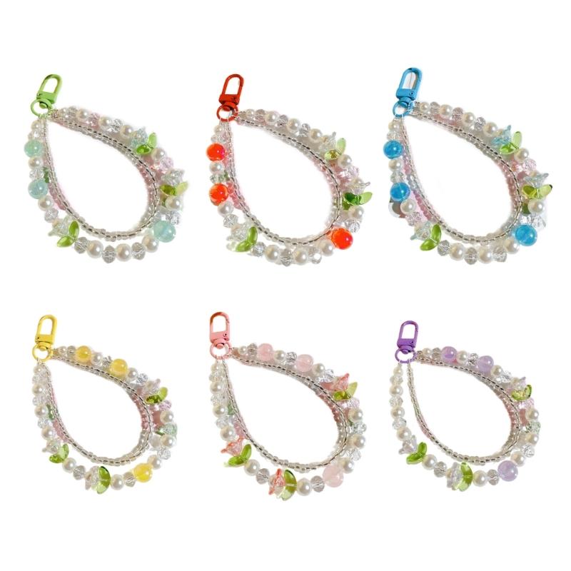 Double Layer Flower Beaded Pendant Phone Charm Hanging Rope Cute Phone Chain Strap Bag Decoration Keychain Accessories