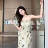 Women's Summer Butterfly Print Ruffle V-Neck Spaghetti Strap Waist-Cinched A-Line Dress