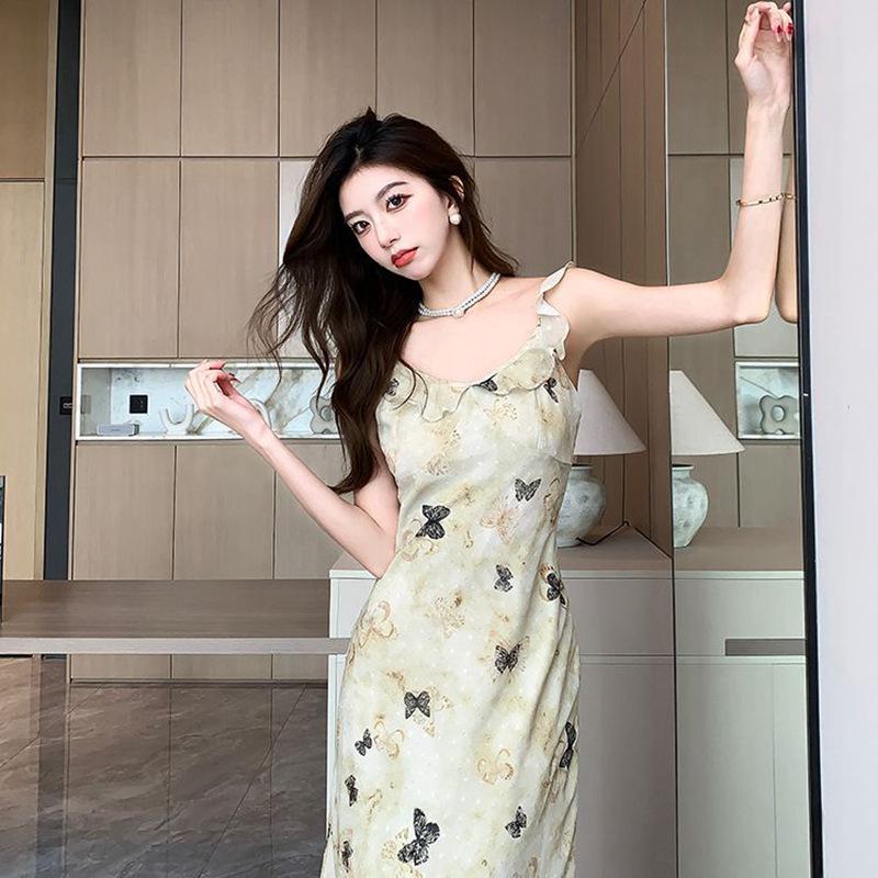 Women's Summer Butterfly Print Ruffle V-Neck Spaghetti Strap Waist-Cinched A-Line Dress