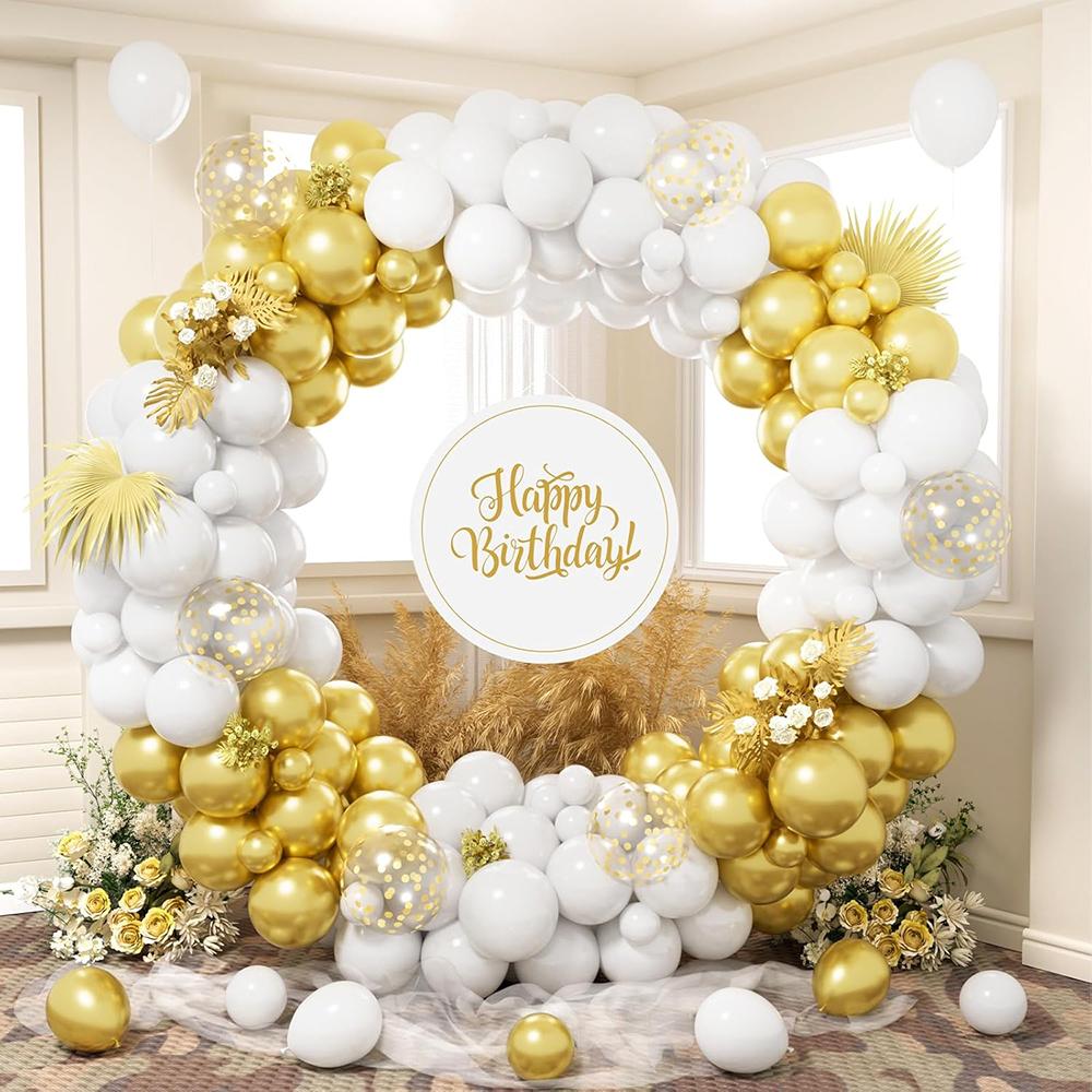 Weiße Hochzeitsdeko Ballons Girlande Metall Gold Konfetti Ballonbogen Set Geburtstagsparty Brautparty Silvester Dekoration
