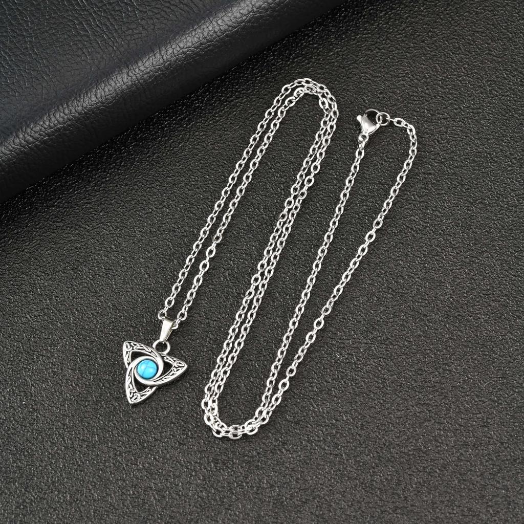 Vnox Turquoise Stone Celtic Knot Pendant Necklaces for Men Women, Stainless Steel Silver Color 50cm 60cm O-chain Jewelry Gifts