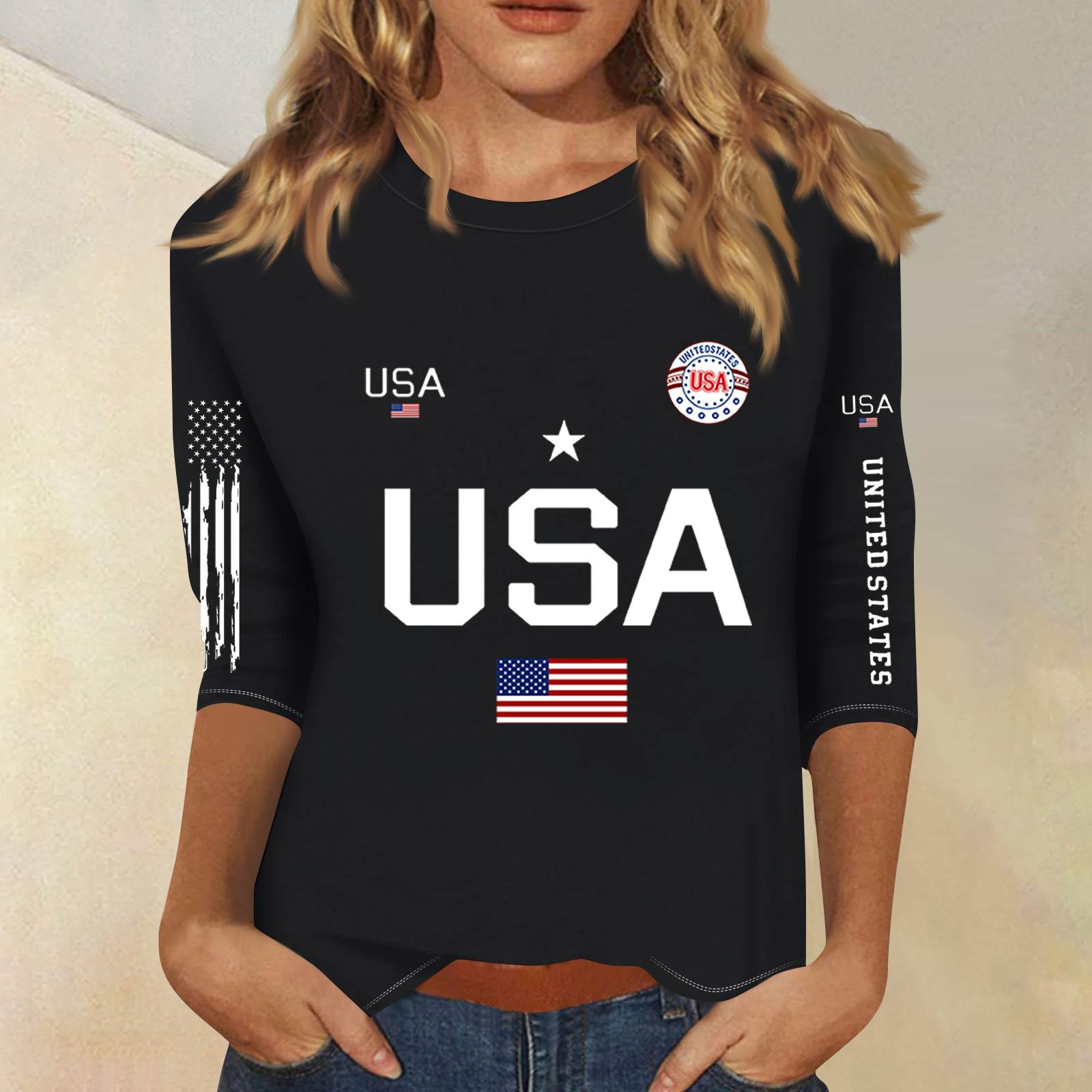 

3/4 Sleeve Tops For Women T-Shirt Casual Print Tops T Shirt Round Neck Pullover Blouse L чёрный