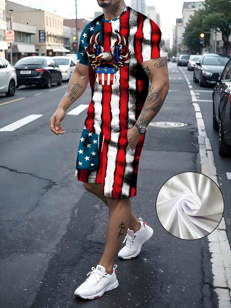 Men's T-Shirt And Shorts Set Red White Blue Star Flag Print Casual Summer Outfit With Crew Neck Short Sleeve Tees Sets
