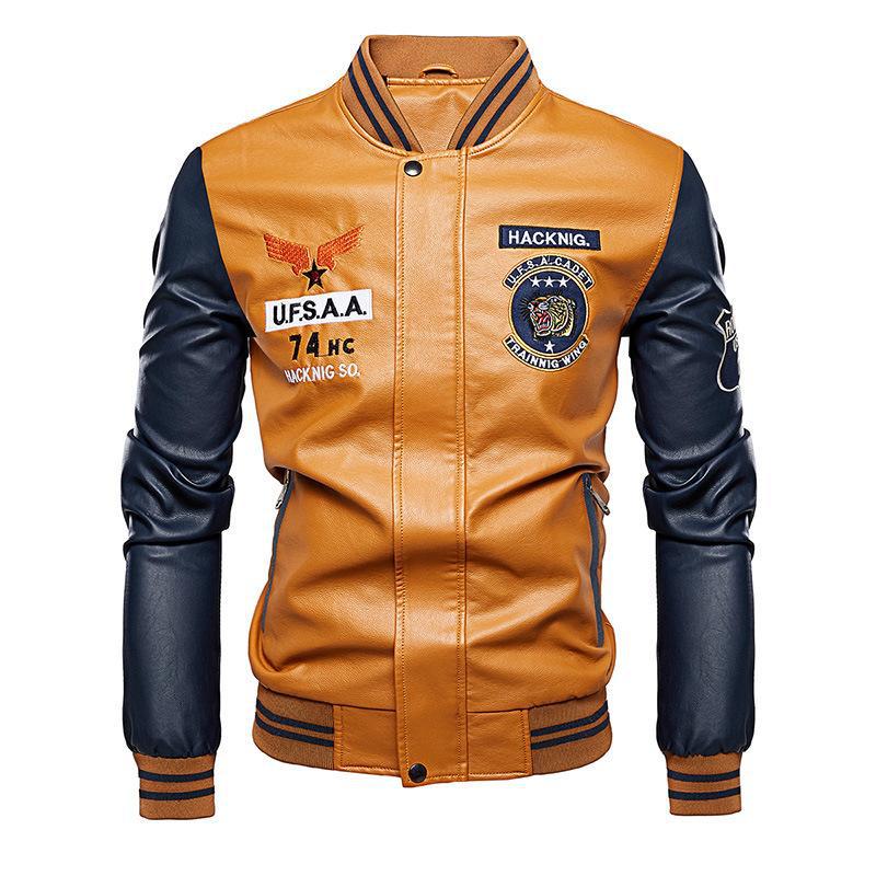 Motorcycle Leather Jacket Men's Casual Embroidered Baseball Jersey Slim Fit Zipper PU Jacket