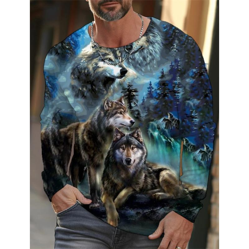 Herren Sommer Langarm 3D-gedrucktes Wolfsmuster T-Shirt Tops Herren Streetwear Kleidung Rundhals Grafik Langarm T-Shirt