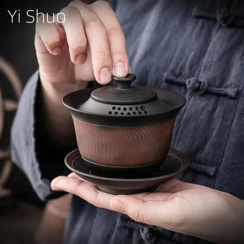 Purple Pottery Tea Set Sancai Gaiwan Tea Cup Single High-Grade Kung Fu Tea Bowl with Lid Ceramic Gaiwan Household