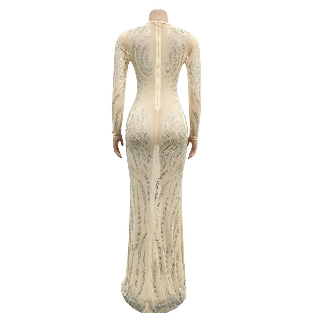 Kvinner Elegant Langermet Rhinestone Rundhals Mesh Gjennomsiktig Brude Maxi Lang Kjole Vert Bryllup Brud Brudepiker Festkjoler